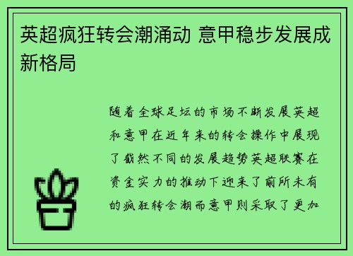 英超疯狂转会潮涌动 意甲稳步发展成新格局